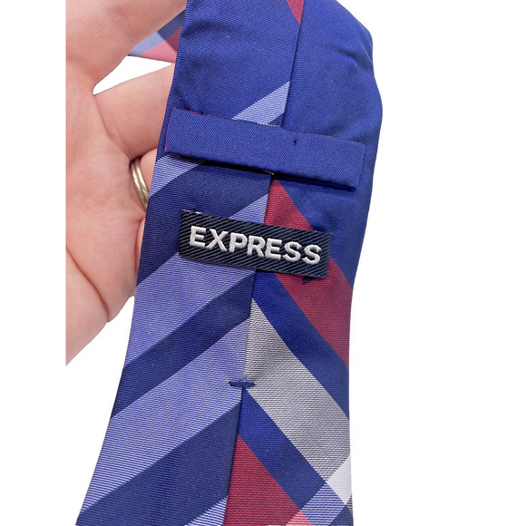 Express Plaid Tie 100% Silk Blue White Red Preppy Wedding Guest Corpcore Coastal - Picture 4 of 5
